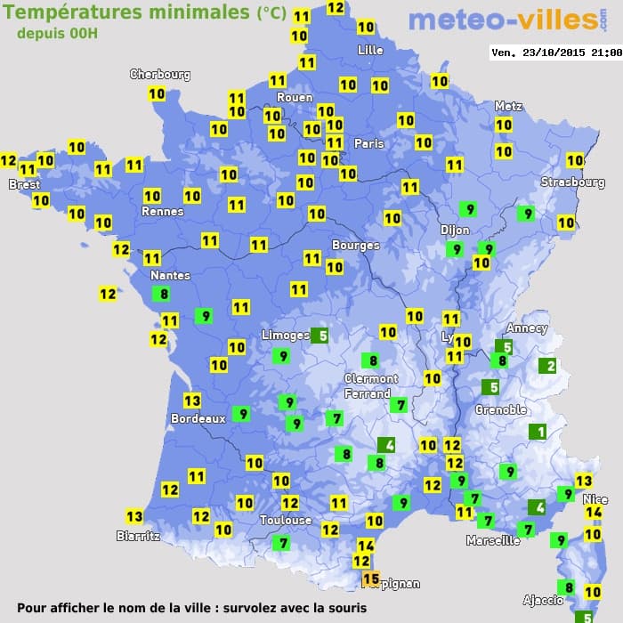 Températures minimales (°C) depuis 00h