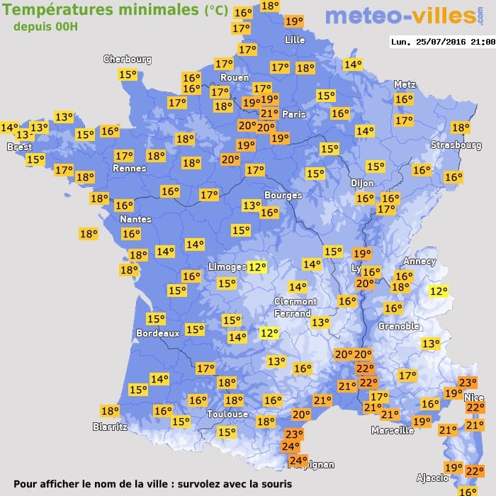 Températures minimales (°C) depuis 00h