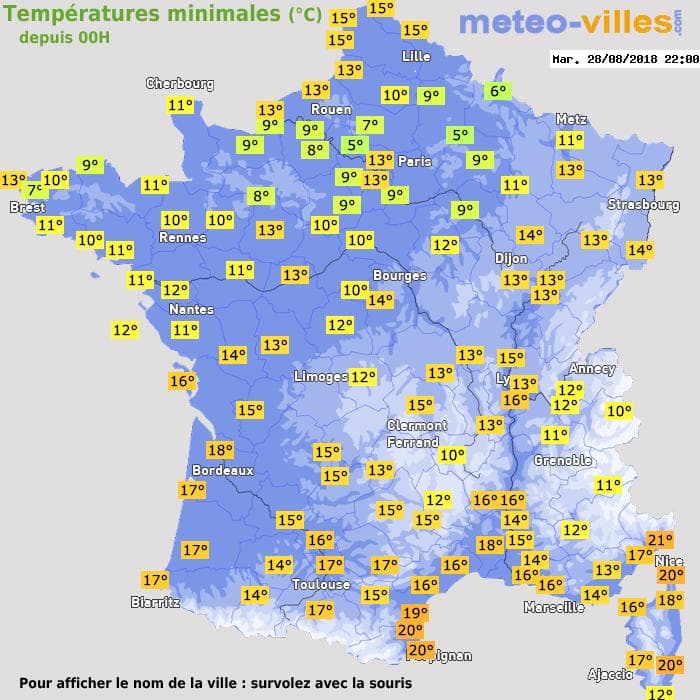 Températures minimales (°C) depuis 00h