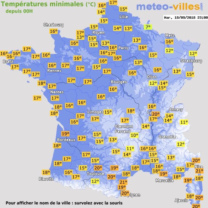 Températures minimales (°C) depuis 00h