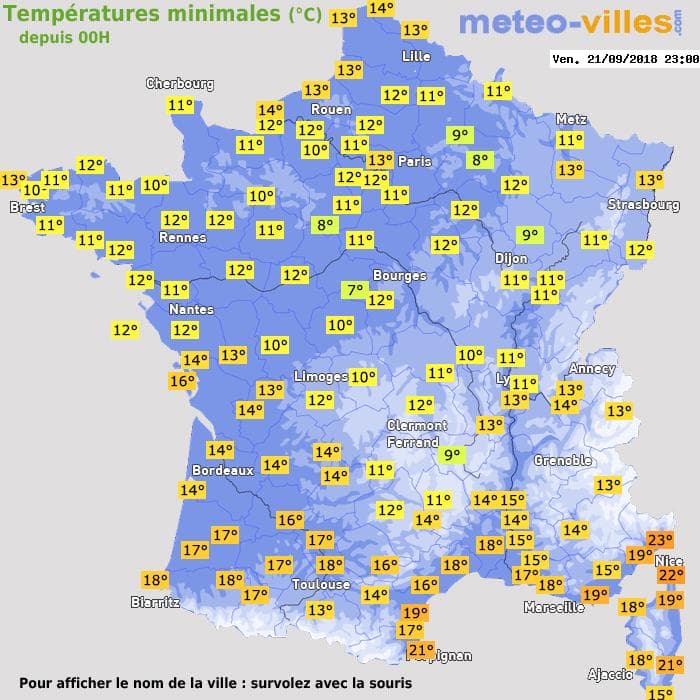 Températures minimales (°C) depuis 00h