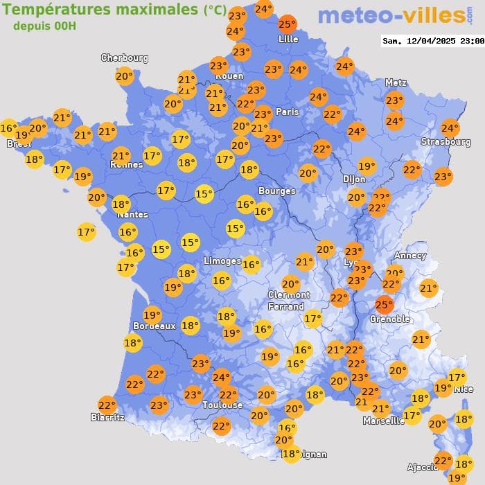 Températures maximales (°C) depuis 00h