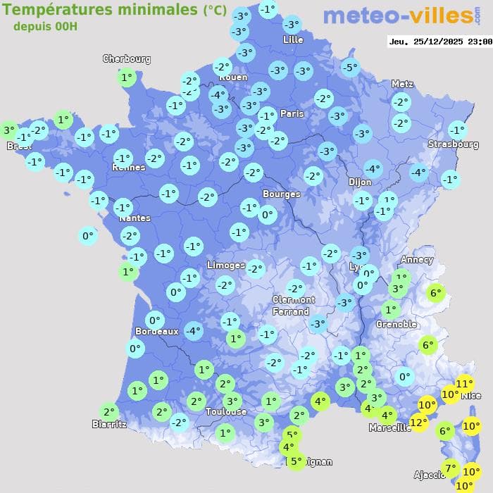 Températures minimales (°C) depuis 00h