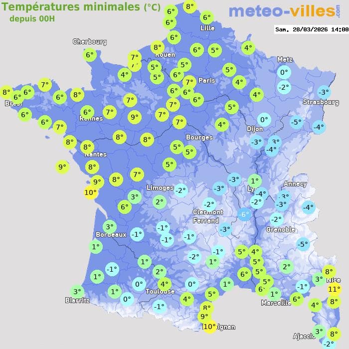 Températures minimales (°C) depuis 00h