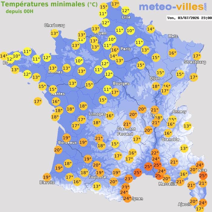 Températures minimales (°C) depuis 00h