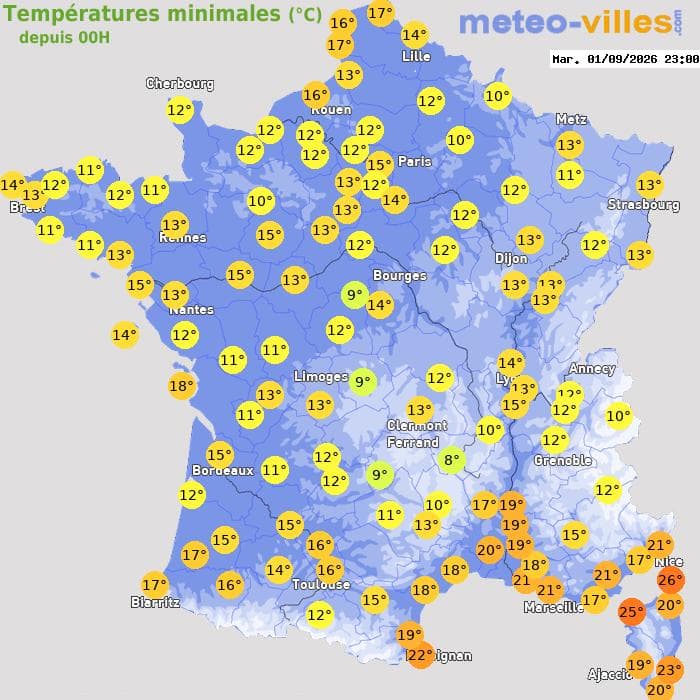 Températures minimales (°C) depuis 00h