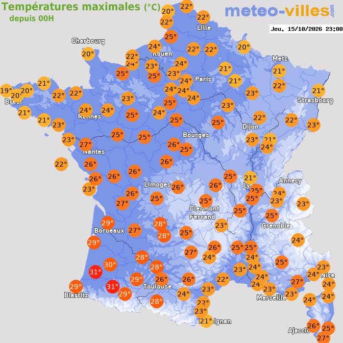 Températures maximales (°C) depuis 00h