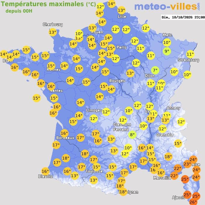 Températures maximales (°C) depuis 00h